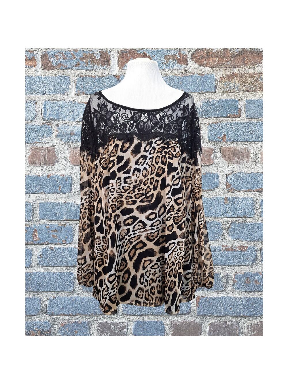INC Lace Neckline Animal Print Blouse Size 2X With Sheer Overlay